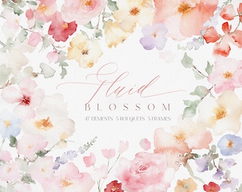 May include: Watercolor floral illustrations in pink, yellow, and blue tones. The illustrations include individual flowers, bouquets, and frames. The text "Fluid Blossom 47 Elements 5 Bouquets 5 Frames" is displayed in the center of the image.