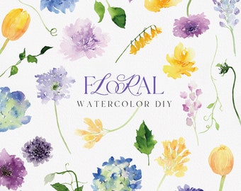 Aquarel clipart, aquarel bloem, bloem PNG, paarse bloem png, gele bloem png, hortensia clipart, lavendel png