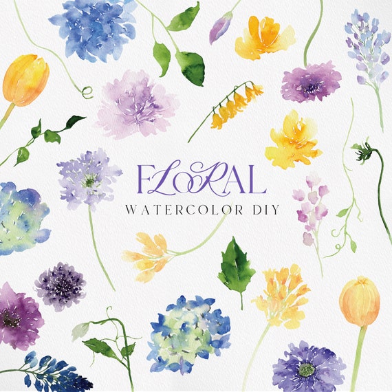 Watercolor clipart, Watercolor flower, Flower PNG, Purple flower png, Yellow flower png, Hydrangea clipart, Lavender png