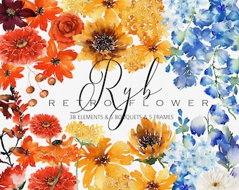 May include: Watercolor illustration of a floral bouquet with orange, yellow, and blue flowers. The illustration includes 38 elements, 5 bouquets, and 5 frames. The text "Ryb Retro Flower" is in the center of the image.