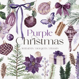 NOL VIOLET, Noël aquarelle, décorations de Noël, décorations VIOLET, Clipart Noël aquarelle, décorations violettes,