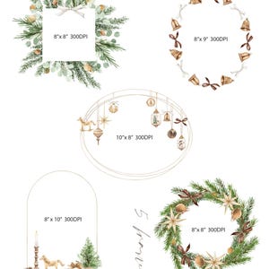 May include: A collection of five digital frames featuring watercolor holiday designs including pine branches, eucalyptus, gold bells, ornaments, stars, and a candle. Each frame includes text indicating dimensions of 8x8, 8x9, 10x8, and 8x10 inches.