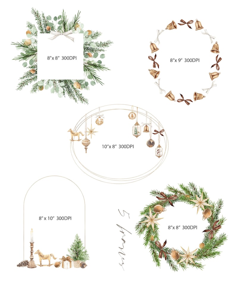 May include: A collection of five digital frames featuring watercolor holiday designs including pine branches, eucalyptus, gold bells, ornaments, stars, and a candle. Each frame includes text indicating dimensions of 8x8, 8x9, 10x8, and 8x10 inches.