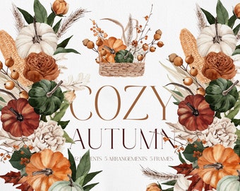 COZY AUTUMN, Watercolor Clipart, Watercolor Autumn, Watercolor Boho PNG, Watercolor Fall Clipart, Pumpkin Clipart, Boho Fall Clipart