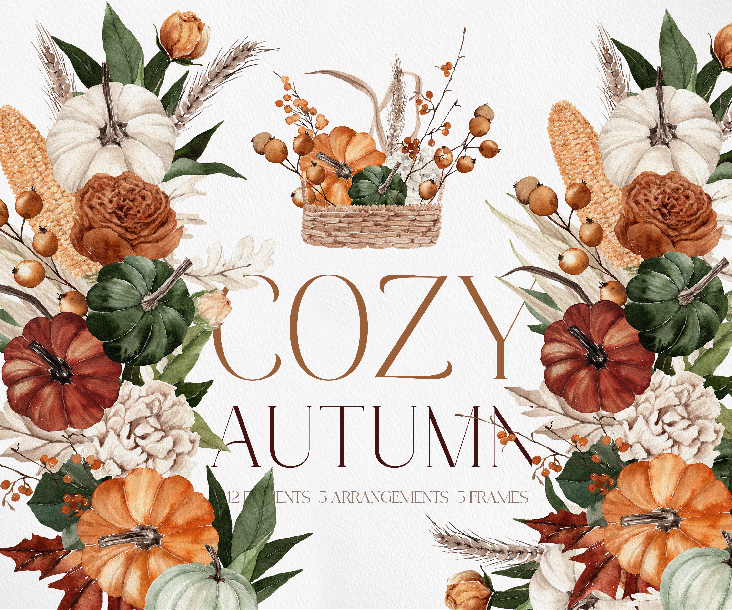 COZY AUTUMN, Watercolor Clipart, Watercolor Autumn, Watercolor Boho PNG, Watercolor Fall Clipart, Pumpkin Clipart, Boho Fall Clipart