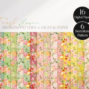 May include: A collection of digital papers and seamless patterns featuring watercolor illustrations of citrus fruits and flowers. The designs include oranges, lemons, and pink roses, with green foliage on various pastel backgrounds. The text reads "Fresh flower SEEMLESS PATTERN + DIGITAL PAPER".
