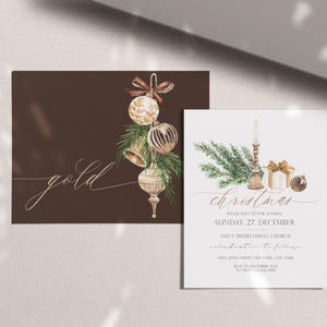 May include: A dark brown invitation card featuring gold ornaments and pine branches with the word gold in script, and a white invitation card with a candle, pine branches, and a gift, featuring the text christmas and event details.