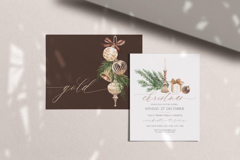 May include: A dark brown invitation card featuring gold ornaments and pine branches with the word gold in script, and a white invitation card with a candle, pine branches, and a gift, featuring the text christmas and event details.