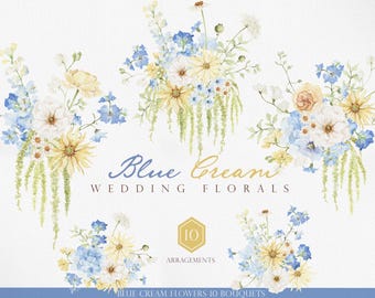 Blue Cream Wedding Florals Clipart, Hand Painted Blue & Ivory Watercolor Bouquet PNG