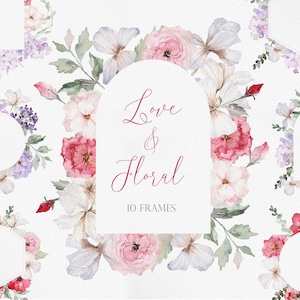 AMOR Y FLORAL, Flores de acuarela, Flores de AMOR de acuarela, Clipart del día de San Valentín, Flor rosa, Clipart lila, Día de San Valentín rosa