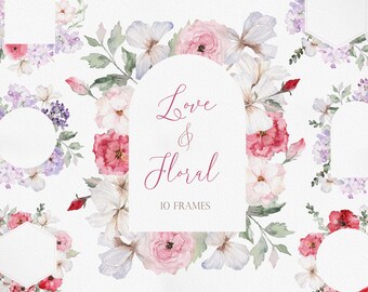 LOVE & FLORAL, Watercolor Flowers, Watercolor LOVE Flowers, Valentine Day Clipart, Pink Flower, Lilac Clipart, Pink Valentine day