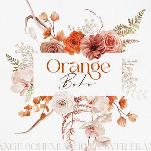 Floral Boho Laranja, Flor Boho Aquarela, Flor Boho PNG, Flor Aquarela, Casamento Boho, Clipart Flor Aquarela, Clipart Boho