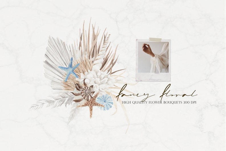 May include: Watercolor illustration of a bouquet of dried palm leaves, white flowers, and seashells. The bouquet is arranged in a fan shape and includes a starfish, a seashell, and a small piece of coral. The background is a white marble texture. The text "fancy floral high quality flower bouquets 300 dpi" is written below the bouquet.