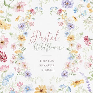 Clipart di fiori di campo pastello, bouquet floreali acquerellati, fiori primaverili da matrimonio in formato PNG, clipart di fiori di campo, fiori di campo primaverili, fiori primaverili in formato PNG