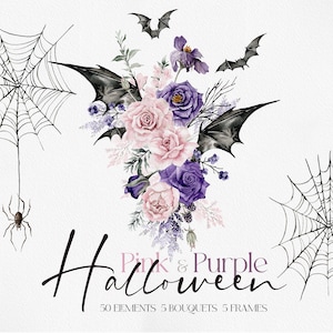 Pink & Lila Halloween, Halloween Clipart, Aquarell Halloween, Aquarell Clipart, Aquarell Blumen, Halloween Blume, Pink Halloween