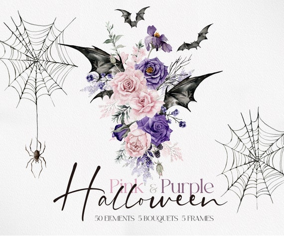 Pink & Purple Halloween, Halloween Clipart, Watercolor Halloween, Watercolor Clipart, Watercolor Floral, Halloween Flower, Pink Halloween