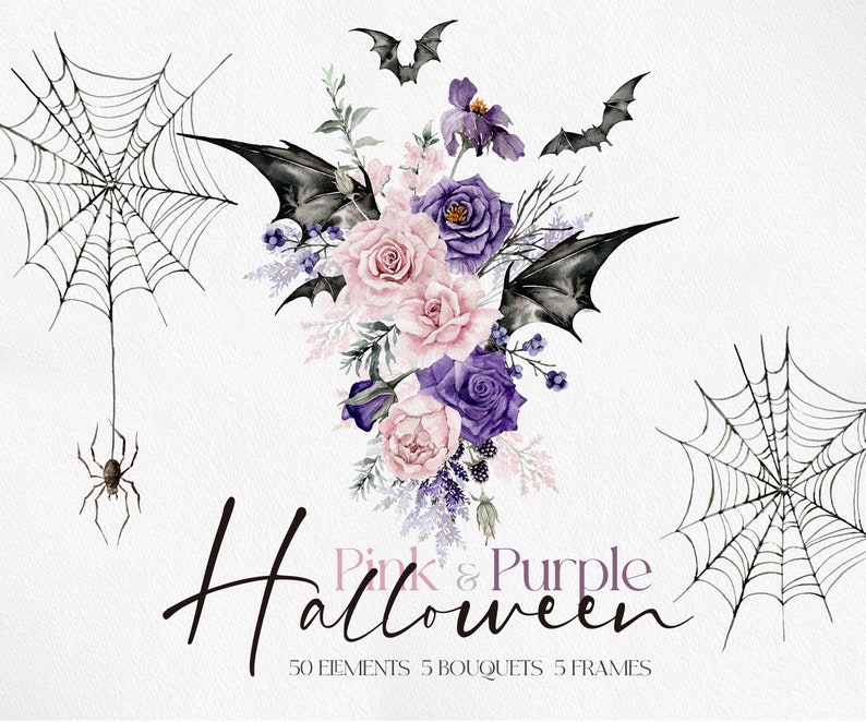 May include: Pink and purple Halloween themed digital clipart featuring a bouquet of flowers with bats and spiderwebs. The text "Pink & Purple Halloween" is written below the bouquet. The text "50 Elements, 5 Bouquets, 5 Frames" is written below the text "Pink & Purple Halloween".
