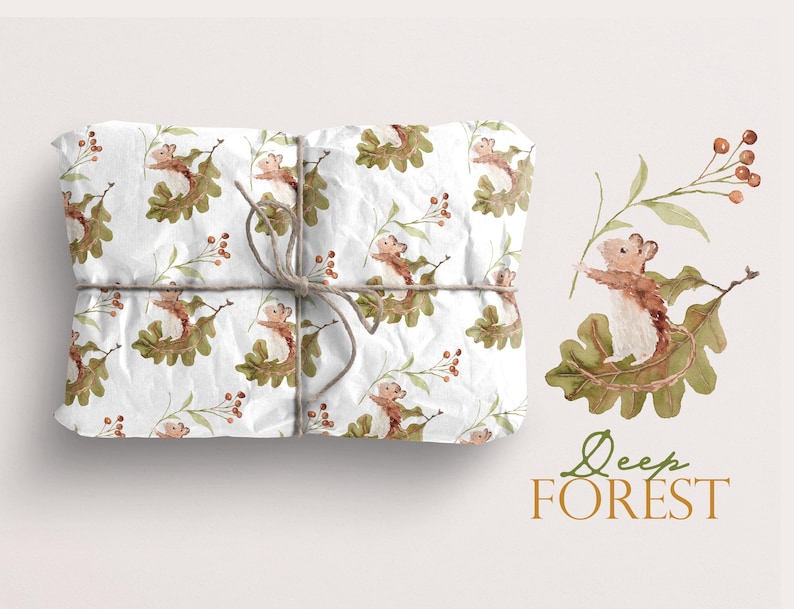 May include: A white wrapping paper with a repeating pattern of brown mice on green leaves and red berries. The text "Deep Forest" is written in brown cursive lettering on a white background.