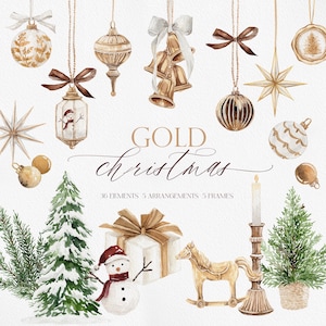 May include: A collection of watercolor Christmas illustrations featuring gold ornaments, bells, stars, a snowman, a gift box, a rocking horse, a candle in a holder, and evergreen trees. The text reads GOLD christmas 36 ELEMENTS 5 ARRANGEMENTS 5 FRAMES.