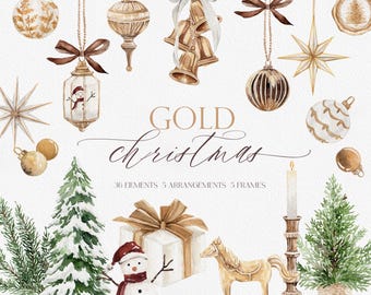 Gold Christmas Watercolor Clipart, Vintage Ornaments and Bells, Elegant Holiday PNG Arrangements