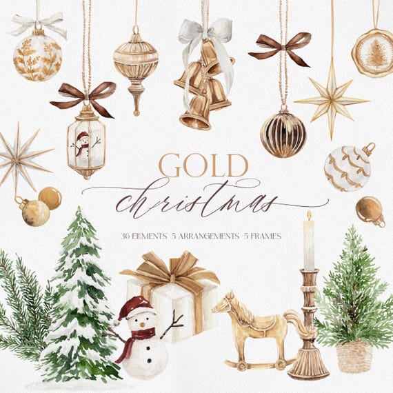 Gold Christmas Watercolor Clipart, Vintage Ornaments and Bells, Elegant Holiday PNG Arrangements