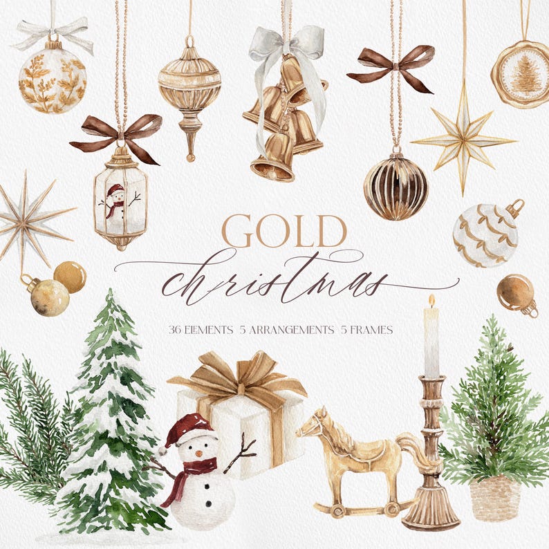 May include: A collection of watercolor Christmas illustrations featuring gold ornaments, bells, stars, a snowman, a gift box, a rocking horse, a candle in a holder, and evergreen trees. The text reads GOLD christmas 36 ELEMENTS 5 ARRANGEMENTS 5 FRAMES.