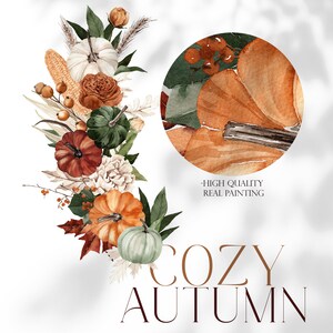 Peut inclure: Peinture &agrave; l'aquarelle d'une couronne d'automne avec des citrouilles, des courges, des feuilles et des baies. La couronne est dans des tons d'orange, de brun, de vert et de blanc. Le texte "Cozy Autumn" est &eacute;crit sous la couronne.