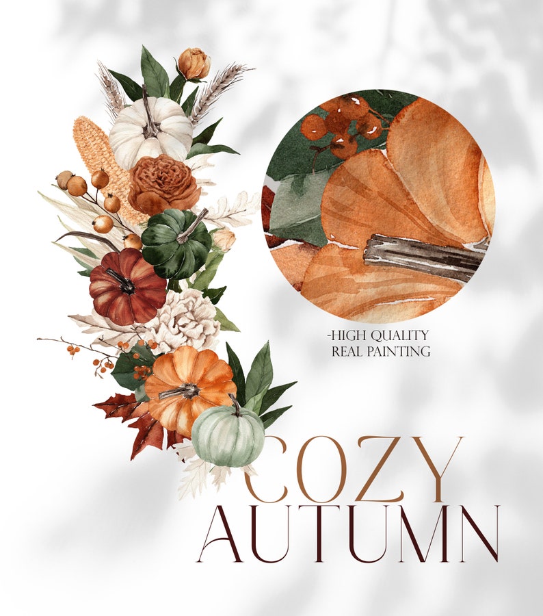 Peut inclure: Peinture &agrave; l'aquarelle d'une couronne d'automne avec des citrouilles, des courges, des feuilles et des baies. La couronne est dans des tons d'orange, de brun, de vert et de blanc. Le texte "Cozy Autumn" est &eacute;crit sous la couronne.