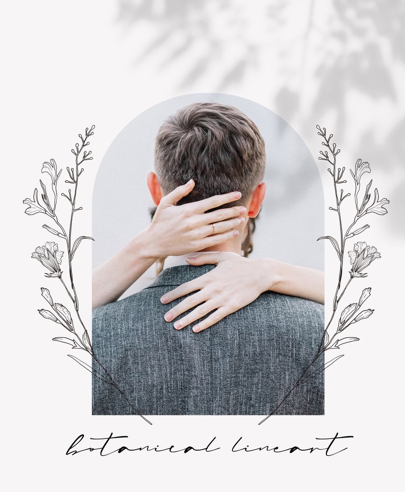May include: A black and white line art illustration of botanical flowers framing a couple embracing. The text "botanical line art" is at the bottom of the image.