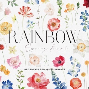 REGENBOOG bloemen, aquarel bloem, bloem clipart, Wildflower PNG, lente bloem, roze bloemen clipart, Floral clipart, bruiloft uitnodiging