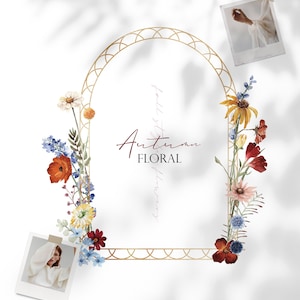 May include: A gold arched frame with watercolor floral arrangements and the text "Autumn Floral." The flowers include red, orange, yellow, and blue blooms. Two polaroid-style photos are included in the design.