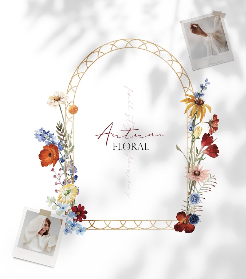 May include: A gold arched frame with watercolor floral arrangements and the text "Autumn Floral." The flowers include red, orange, yellow, and blue blooms. Two polaroid-style photos are included in the design.