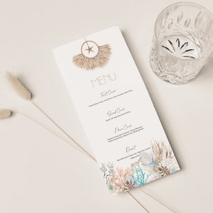 May include: A white menu with a brown and beige dreamcatcher design at the top. The menu lists "MENU" in black text and has the following sections: "First Course", "Second Course", "Main Course", and "Dessert". The bottom of the menu features a watercolor illustration of coral, seashells, and starfish.