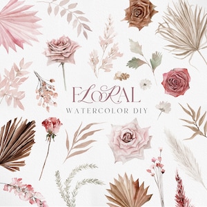 Flores rosa boho, flor aquarela, flor boho PNG, flor rosa boho, buquês boho rosa, clipart de flor aquarela, boho rosa