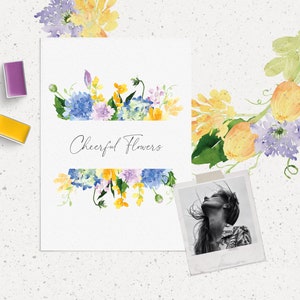 May include: Watercolor illustration of a floral arrangement with blue, yellow, and purple flowers. The illustration is on a white background with the text "Cheerful Flowers" written in black.