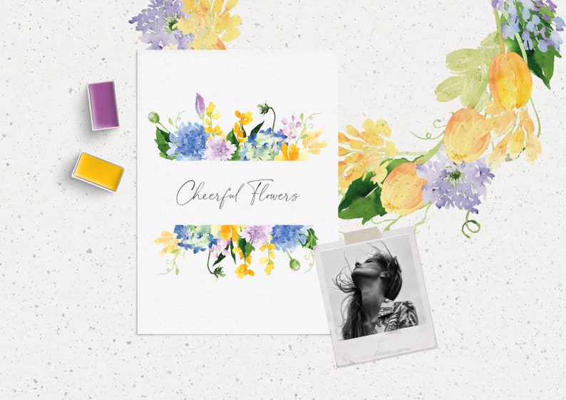 May include: Watercolor illustration of a floral arrangement with blue, yellow, and purple flowers. The illustration is on a white background with the text "Cheerful Flowers" written in black.
