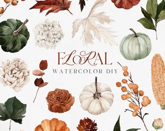 COZY AUTUMN, Watercolor Clipart, Watercolor Autumn, Watercolor Boho PNG, Watercolor Fall Clipart, Pumpkin Clipart, Boho Fall Clipart