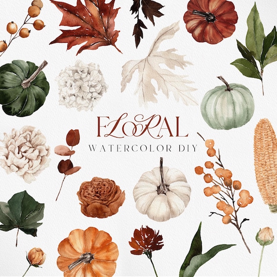 COZY AUTUMN, Watercolor Clipart, Watercolor Autumn, Watercolor Boho PNG, Watercolor Fall Clipart, Pumpkin Clipart, Boho Fall Clipart