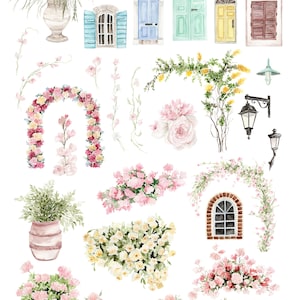 May include: A set of 27 watercolor illustrations featuring floral arrangements, doors, windows, and streetlights. The illustrations are perfect for adding a touch of whimsy and charm to your designs.
