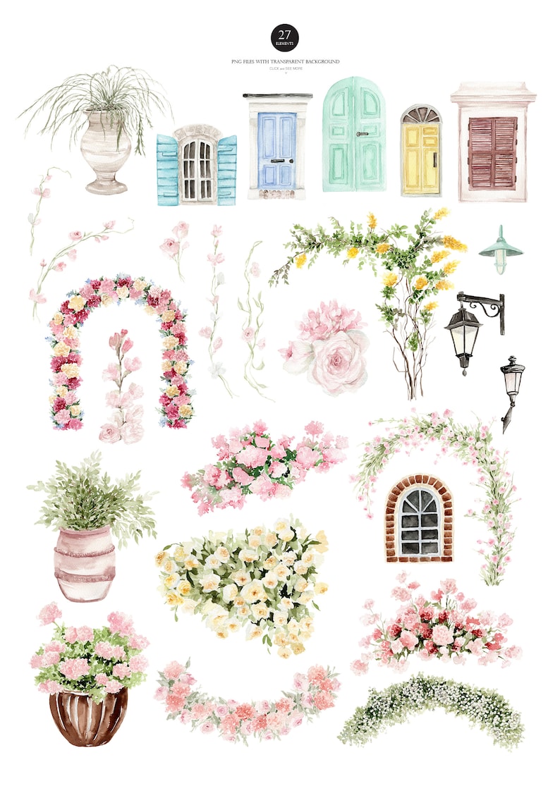 May include: A set of 27 watercolor illustrations featuring floral arrangements, doors, windows, and streetlights. The illustrations are perfect for adding a touch of whimsy and charm to your designs.