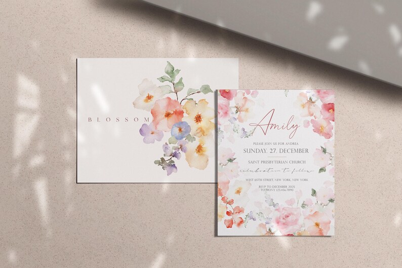 May include: Two floral themed invitations. The first invitation has the word "BLOSSOM" printed in a light gray font. The second invitation has a watercolor floral design with the name "Amily" printed in a pink font. The text reads "Please join us for her christening, Sunday, 27 December, Saint Presbyterian Church, [address] at [time]."