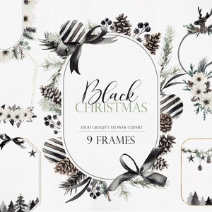Clipart di Natale nero, Natale moderno, Ornamenti neri, Clipart di pinoni, Fiore invernale PNG, clipart chic, Elegante, Clipart nero