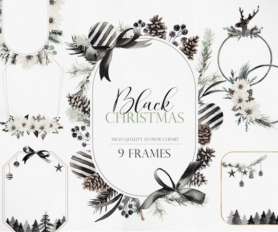 Black Christmas clipart, Modern Christmas, Black ornaments, Pinecorn clipart, Winter flower PNG, chic clipart, Stylish, Black clipart