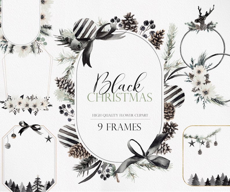 Imágenes prediseñadas de Navidad negras, Navidad moderna, Adornos negros, Imágenes prediseñadas de maíz de pino, Flor de invierno PNG, imágenes prediseñadas elegantes, elegante, Clipart negro imagen 1