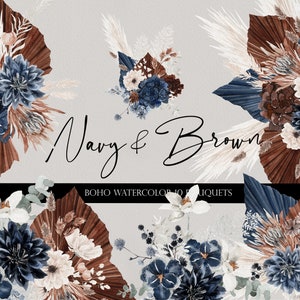 Flor Marinha e Marrom, Flor Boho Aquarela, Flor Boho PNG, Clipart de Flor Marinha, Boho Marinha, Clipart de Inverno, Buquê Aquarela Marinha