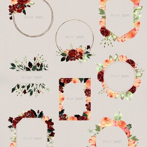 May include: Eight watercolor floral frames in various shapes and sizes, including circles, squares, and hexagons. The frames are decorated with red, orange, and peach flowers, green leaves, and gold accents. The frames are perfect for adding a touch of elegance to your digital designs.
