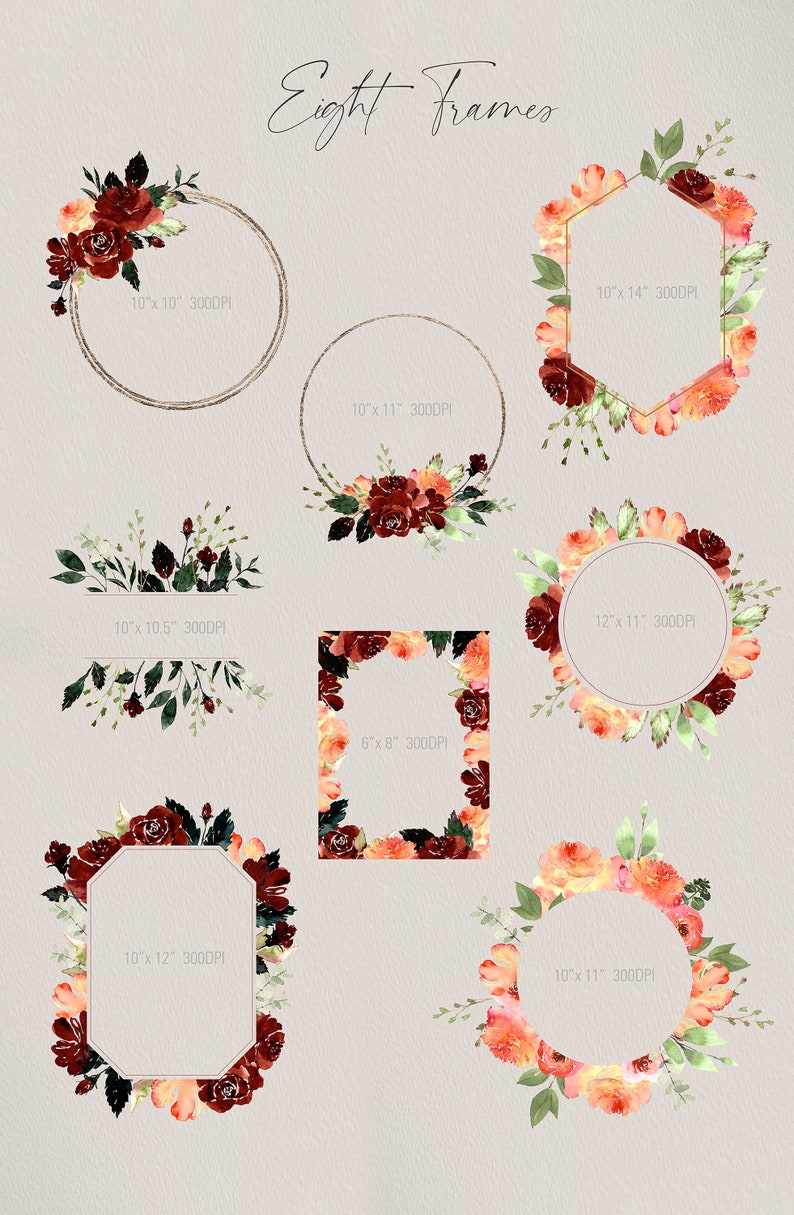 May include: Eight watercolor floral frames in various shapes and sizes, including circles, squares, and hexagons. The frames are decorated with red, orange, and peach flowers, green leaves, and gold accents. The frames are perfect for adding a touch of elegance to your digital designs.