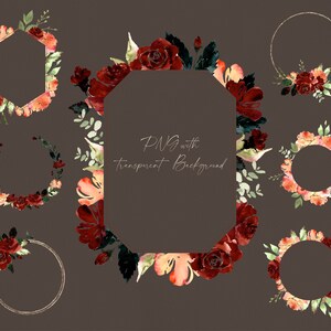 May include: Set of watercolor floral wreaths with burgundy, red, and peach flowers. The wreaths are perfect for adding a touch of elegance to your designs. PNG with transparent background.