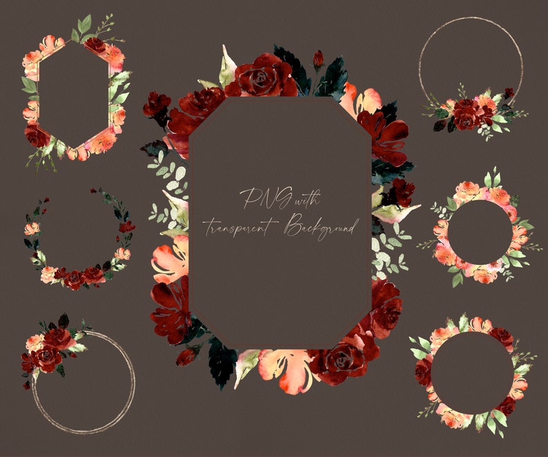 May include: Set of watercolor floral wreaths with burgundy, red, and peach flowers. The wreaths are perfect for adding a touch of elegance to your designs. PNG with transparent background.