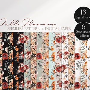 Puede incluir: 18 papeles digitales y 6 patrones sin costuras con flores de otoño en acuarela en tonos rojos, naranjas, amarillos y marrones. Los patrones incluyen hojas, ramas y ramos de flores.